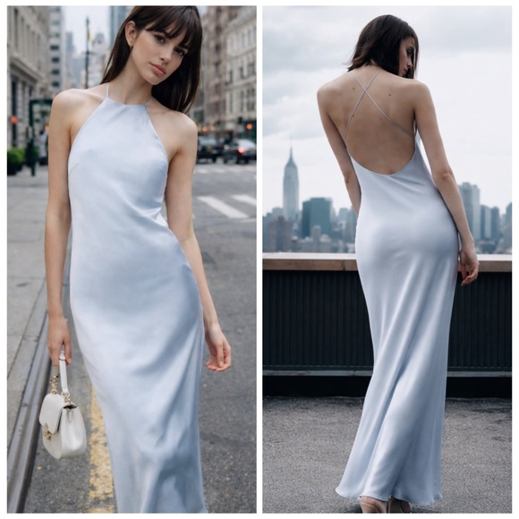 Zara Dresses & Skirts - NWT Zara Light Blue Satin Slip Midi Dress Open Back Halter Size M
